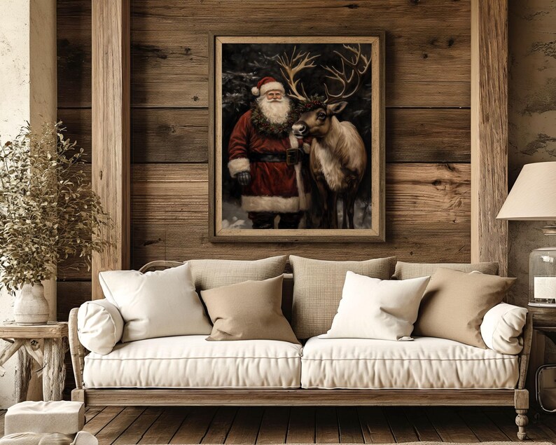 dark christmas decor,moody christmas art,dark academia decor,santa reindeer print,reindeer wall art,santa wall art,black background art,vintage christmas,vintage santa claus reindeer print,santa printable,vintage winter print,dark academia santa
