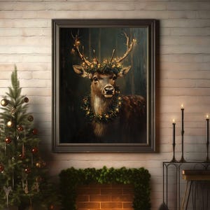 reindeer print,dark christmas wall art,moody winter print,dark academia prints,reindeer painting,holiday home decor,festive xmas decor, christmas printables,vintage christmas prints,cottagecore christmas,christmas deer print, vintage reindeer art