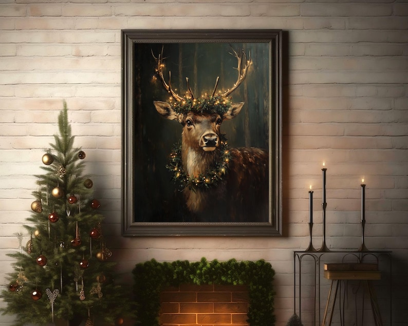reindeer print,dark christmas wall art,moody winter print,dark academia prints,reindeer painting,holiday home decor,festive xmas decor, christmas printables,vintage christmas prints,cottagecore christmas,christmas deer print, vintage reindeer art