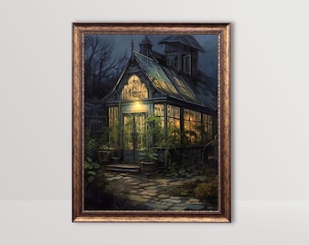 Moody Victorian Greenhouse | Dark Academia Print, Gothic Cottagecore Aesthetic, Goth Wall Art, Baroque Botanical Art, Vintage Oil Painting