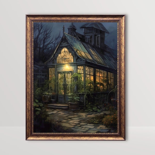 Moody Victorian Greenhouse | Dark Academia Print, Gothic Cottagecore Aesthetic, Goth Wall Art, Baroque Botanical Art, Vintage Oil Painting