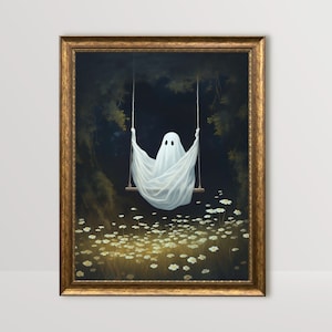 Ghost on Swing | Cute Ghost Painting, Dark Cottagecore Spooky Wall Art Adorable Creepy Art Gothic Room Decor Whimsigoth Print Goth Printable