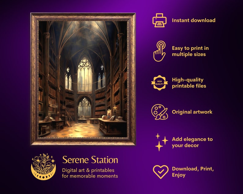 May include: A digital painting of a large, ornate library with high ceilings, arched windows, and bookshelves filled with books. The painting is in a gold frame and is titled "Serene Station: Digital art & printables for memorable moments".