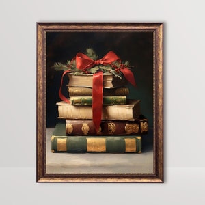 Christmas Books | Festive Wall Art, Rustic Holiday Decor, Winter Still Life Vintage Painting, Dark Academia Print Cottagecore Xmas Printable