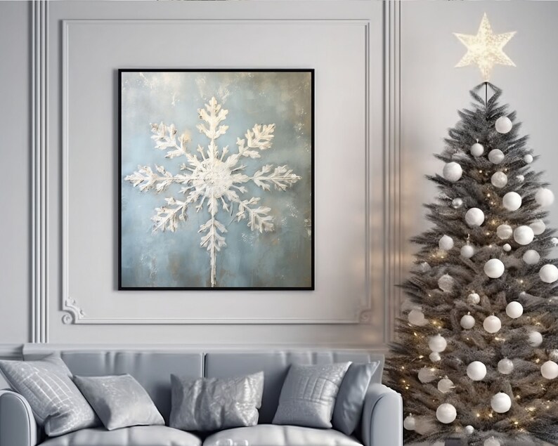 snowflake wall art, blue snowflake painting art print,rustic christmas winter printable,xmas printable,winter wall art,vintage winter oil painitng,festive home decor,snowflakes printables,rustic holiday wall decor,farmhouse christmas,xmas decorations