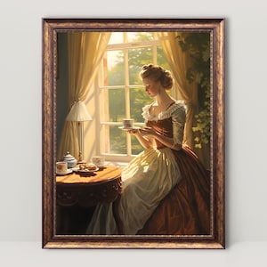 Victorian Lady Afternoon Tea Vintage Oil Painting Printable, Antique Print, Baroque Art, Renaissance Aesthetic, Light Academia Wall Art