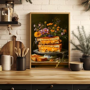 grilled cheese art,fun kitchen wall art,funny kitchen art,funny food art,bar cart art,moody kitchen art,moody food print,still life painting,kitchen flower art,cottagecore decor,fun kitchen posters,dark kitchen prints,food painting,whimsical wall art