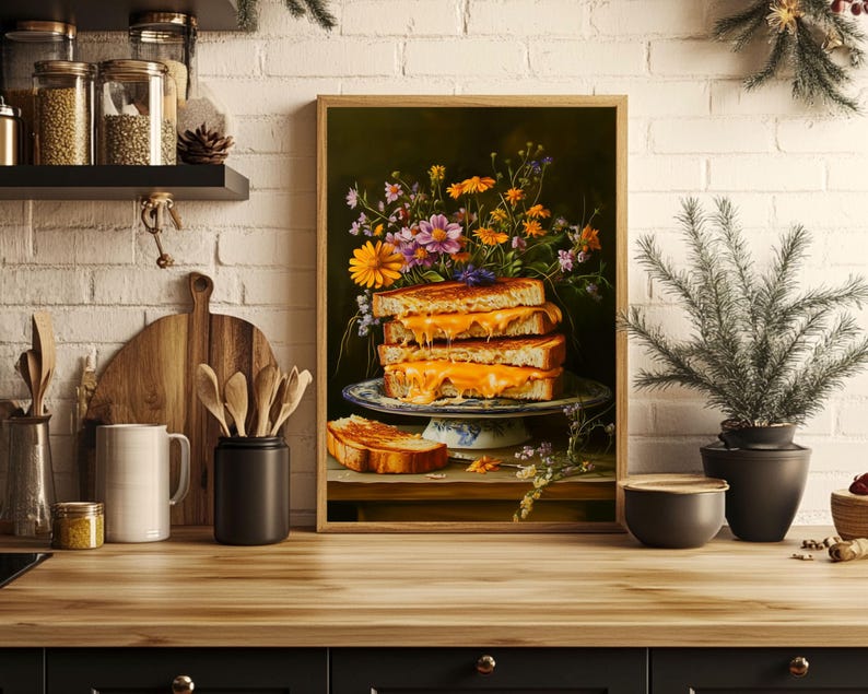 grilled cheese art,fun kitchen wall art,funny kitchen art,funny food art,bar cart art,moody kitchen art,moody food print,still life painting,kitchen flower art,cottagecore decor,fun kitchen posters,dark kitchen prints,food painting,whimsical wall art