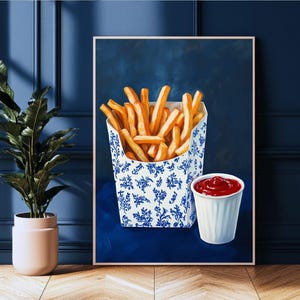 trendy blue prints,blue kitchen prints,fast food art,dorm wall decor,retro wall art,french fries art,french fries painting,funny snack prints,kitchen wall art,food wall art,funny food prints,fun kitchen art,still life wall art,still life painting,bar cart decor,moody kitchen decor,dark kitchen art,kitchen wall decor, moody kitchen print, moody kitchen art,food art print,fun kitchen art, still life prints,bar cart print,bar cart art,funny kitchen art,foodie wall art,nautical wall art