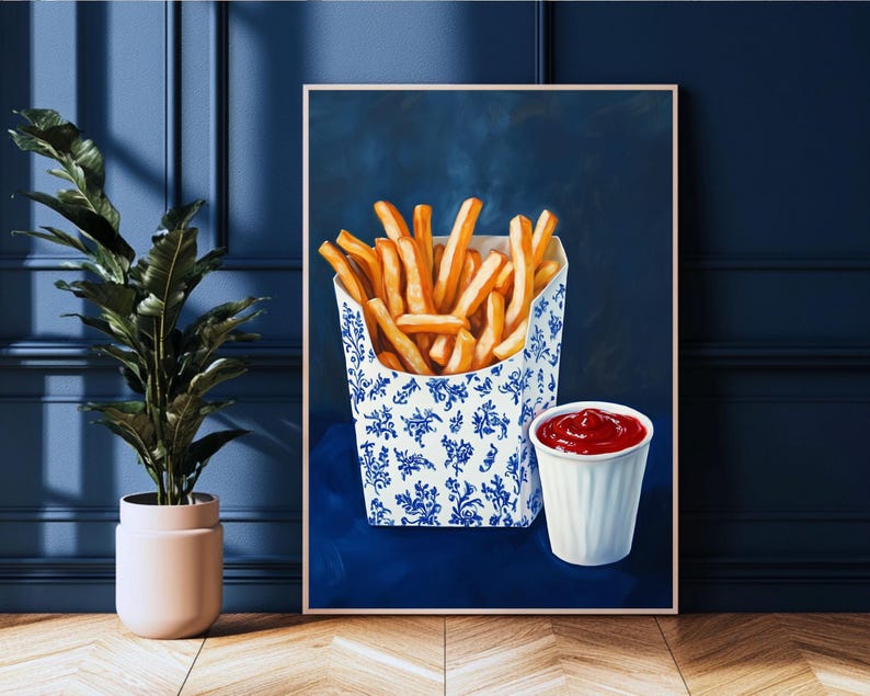 trendy blue prints,blue kitchen prints,fast food art,dorm wall decor,retro wall art,french fries art,french fries painting,funny snack prints,kitchen wall art,food wall art,funny food prints,fun kitchen art,still life wall art,still life painting,bar cart decor,moody kitchen decor,dark kitchen art,kitchen wall decor, moody kitchen print, moody kitchen art,food art print,fun kitchen art, still life prints,bar cart print,bar cart art,funny kitchen art,foodie wall art,nautical wall art