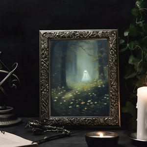 cute ghost art,spooky adorable creepy wall art,ghost painting,ghost in forest,whimsigoth art print, floral ghost dark cottagecore art,goth cottage core,gothic room decor,goth wall art, dark academia,halloween prints, sheet ghost art,ghost and flowers