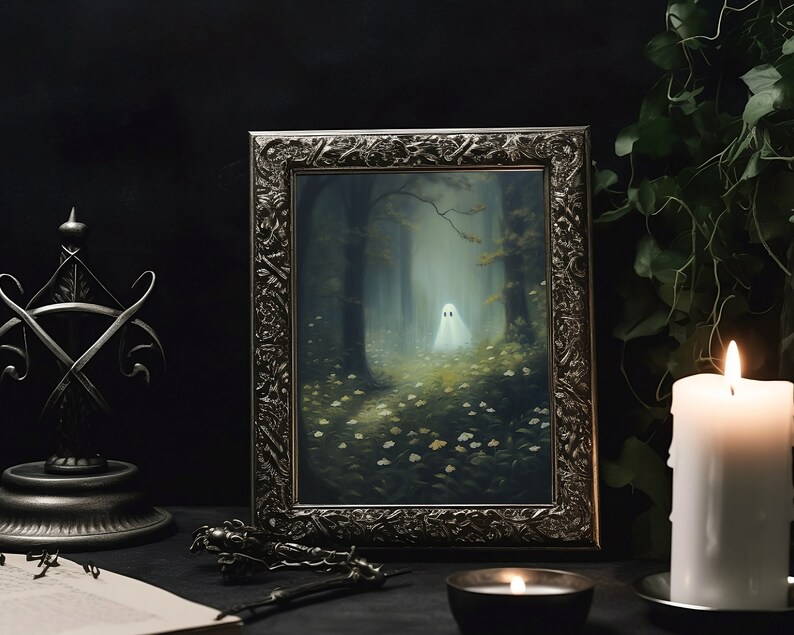cute ghost art,spooky adorable creepy wall art,ghost painting,ghost in forest,whimsigoth art print, floral ghost dark cottagecore art,goth cottage core,gothic room decor,goth wall art, dark academia,halloween prints, sheet ghost art,ghost and flowers