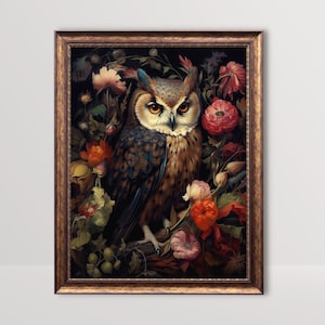 Botanical Owl Painting | Dark Floral Gothic Cottagecore Art, Moody Vintage Oil Painting,Goth Wall Art,Witchy Academia Print, Fairycore Decor