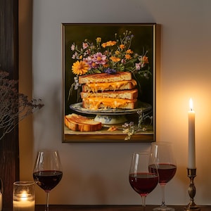 grilled cheese art,fun kitchen wall art,funny kitchen art,funny food art,bar cart art,moody kitchen art,moody food print,still life painting,kitchen flower art,cottagecore decor,fun kitchen posters,dark kitchen prints,food painting,whimsical wall art