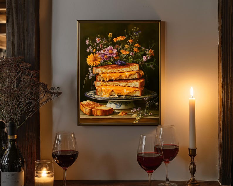 grilled cheese art,fun kitchen wall art,funny kitchen art,funny food art,bar cart art,moody kitchen art,moody food print,still life painting,kitchen flower art,cottagecore decor,fun kitchen posters,dark kitchen prints,food painting,whimsical wall art