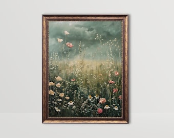 Stämningsfull äng | Vildblomsfältkonst, Vintage landskapsmålning Mörkgrön väggkonst Cottagecore-dekor Bondgårdsbygd Blomkonsttryck