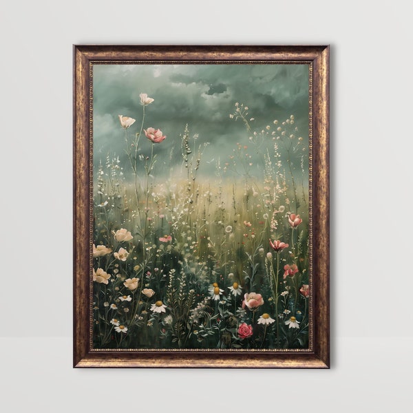 Moody Meadow | Wildflower Field Art, Vintage Landscape Painting Dark Green Wall Art Cottagecore Decor Farmhouse Countryside Flower Art Print