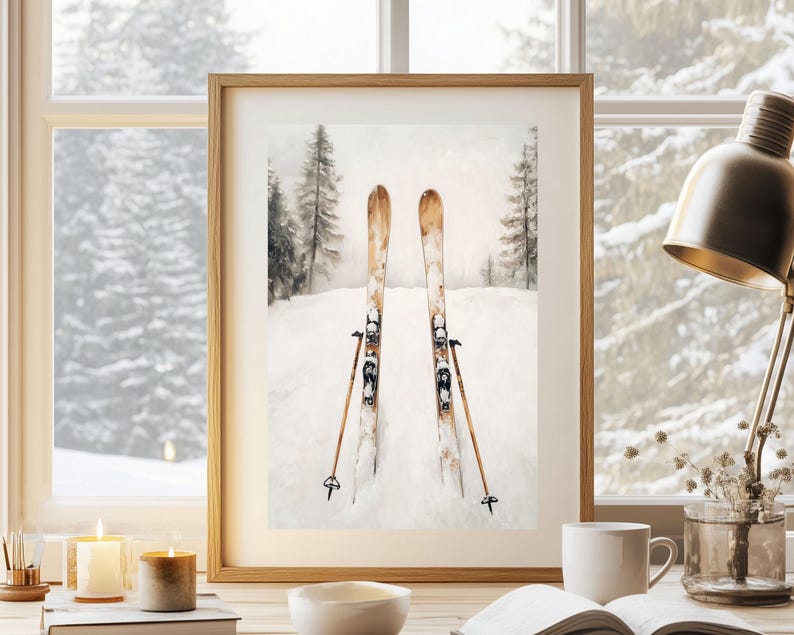 Skis | Vintage Ski Print, Winter Wall Art, Snowy Mountain Art, Vintage ...