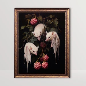 Albino Fruit Bats | Dark Cottagecore Goth Print, Botanical Vintage Oil Painting, Gothic Wall Art, Whimsigoth Decor, Dark Academia Printable