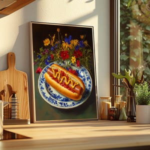 hot dog wall art,trendy wall art,quirky kitchen decor,fun food wall art,funny still life painting,bar cart wall art,fun kitchen decor,hot dog painting,funny kitchen art,moody colorful art,moody kitchen art,dark kitchen decor,moody floral art,moody food art,whimsical wall art,whimsical food art,funny food prints,food wall art,kitchen wall art,dining room wall art,wildflower kitchen art,foodie wall art,dorm room decor, dorm wall decor,diner wall art,dinner wall art,fun living room wall art
