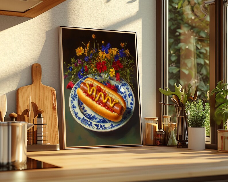 hot dog wall art,trendy wall art,quirky kitchen decor,fun food wall art,funny still life painting,bar cart wall art,fun kitchen decor,hot dog painting,funny kitchen art,moody colorful art,moody kitchen art,dark kitchen decor,moody floral art,moody food art,whimsical wall art,whimsical food art,funny food prints,food wall art,kitchen wall art,dining room wall art,wildflower kitchen art,foodie wall art,dorm room decor, dorm wall decor,diner wall art,dinner wall art,fun living room wall art