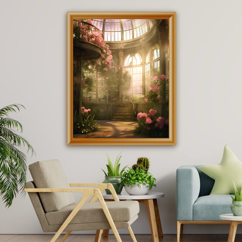 Victorian Conservatory Greenhouse Vintage Oil Painting, Renaissance Aesthetic, Coquette Room Decor, Light Academia Wall Art, Fairycore Print image 6