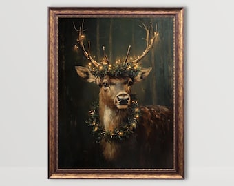 Reindeer | Moody Christmas Wall Art, Vintage Cottagecore Prints, Festive Dark Academia Painting, Winter Print, Holiday Decor, Xmas Printable