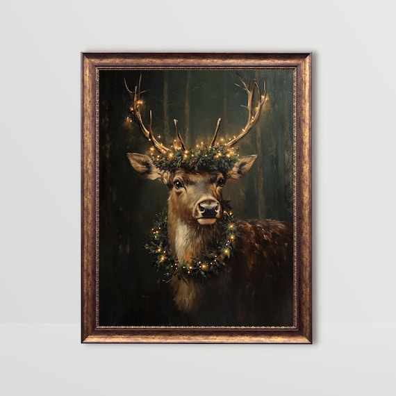Reindeer | Moody Christmas Wall Art, Vintage Cottagecore Prints, Festive Dark Academia Painting, Winter Print, Holiday Decor, Xmas Printable