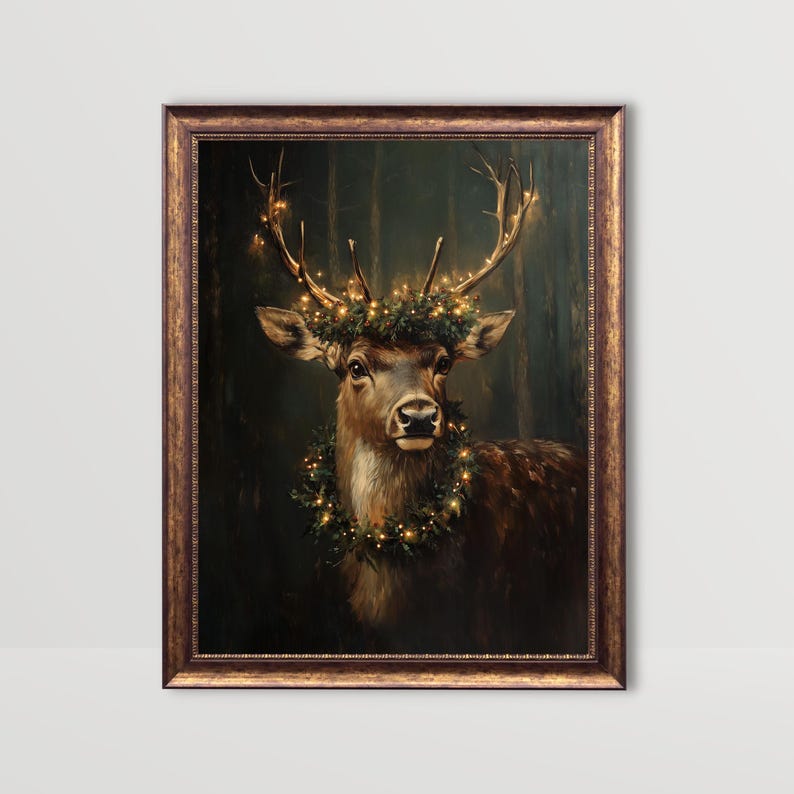 reindeer print,dark christmas wall art,moody winter print,dark academia prints,reindeer painting,holiday home decor,festive xmas decor, christmas printables,vintage christmas prints,cottagecore christmas,christmas deer print, vintage reindeer art