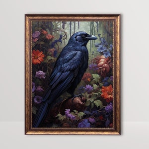 Rabe | Dunkle botanische Gothic Cottagecore Kunst, stimmungsvolles Vintage Ölgemälde, Goth Wandkunst, Dark Academia Print, Floral Crow druckbares Dekor
