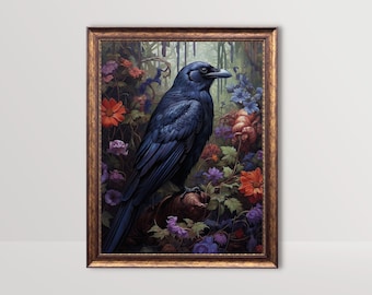 Raven | Dark Botanical Gothic Cottagecore Art, Moody Vintage Oil Painting, Goth Wall Art, Dark Academia Print, Floral Crow Printable Decor