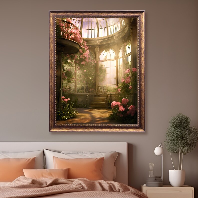 Victorian Conservatory Greenhouse Vintage Oil Painting, Renaissance Aesthetic, Coquette Room Decor, Light Academia Wall Art, Fairycore Print image 3