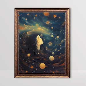 Himmlische Göttin | Vintage Nachthimmel Ölgemälde, dunkle Hexe ästhetisches Dekor, Goth Print, Goth Wandkunst, abstrakte Sterne, Witchy printable