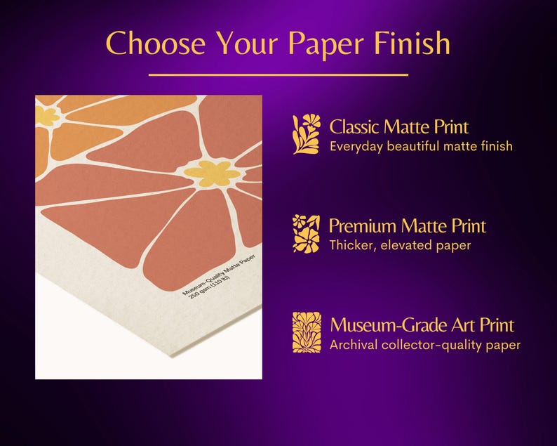 Paper finish comparison for art prints, classic matte, premium matte and museum-grade fine art paper
