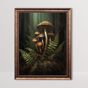 Moody Mushrooms | Dark Cottagecore Print, Goblincore Painting, Vintage Woodland Wall Art, Mushroom Botanical Decor, Green Academia Printable