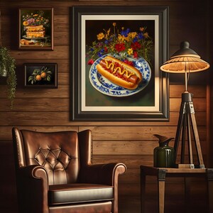 hot dog wall art,trendy wall art,quirky kitchen decor,fun food wall art,funny still life painting,bar cart wall art,fun kitchen decor,hot dog painting,funny kitchen art,moody colorful art,moody kitchen art,dark kitchen decor,moody floral art,moody food art,whimsical wall art,whimsical food art,funny food prints,food wall art,kitchen wall art,dining room wall art,wildflower kitchen art,foodie wall art,dorm room decor, dorm wall decor,diner wall art,dinner wall art,fun living room wall art