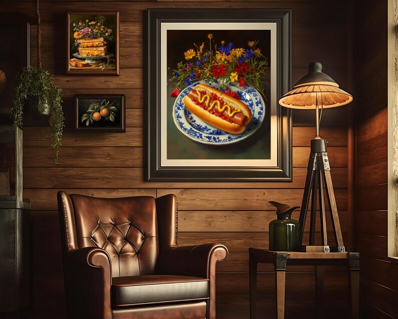 hot dog wall art,trendy wall art,quirky kitchen decor,fun food wall art,funny still life painting,bar cart wall art,fun kitchen decor,hot dog painting,funny kitchen art,moody colorful art,moody kitchen art,dark kitchen decor,moody floral art,moody food art,whimsical wall art,whimsical food art,funny food prints,food wall art,kitchen wall art,dining room wall art,wildflower kitchen art,foodie wall art,dorm room decor, dorm wall decor,diner wall art,dinner wall art,fun living room wall art