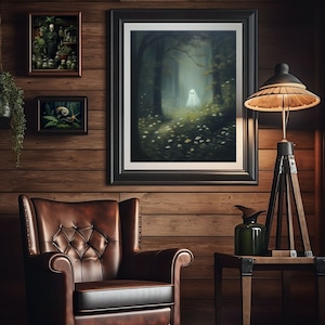 cute ghost art,spooky adorable creepy wall art,ghost painting,ghost in forest,whimsigoth art print, floral ghost dark cottagecore art,goth cottage core,gothic room decor,goth wall art, dark academia,halloween prints, sheet ghost art,ghost and flowers