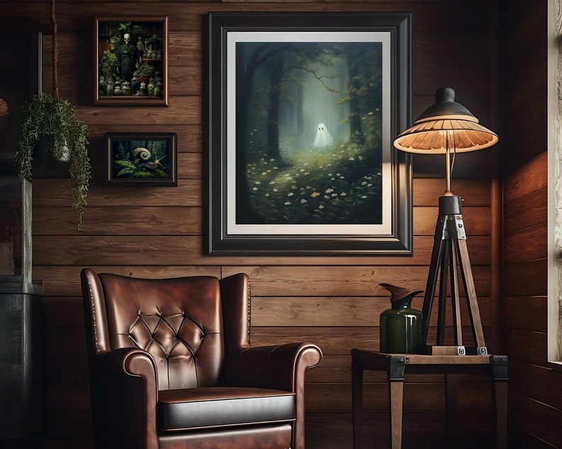 cute ghost art,spooky adorable creepy wall art,ghost painting,ghost in forest,whimsigoth art print, floral ghost dark cottagecore art,goth cottage core,gothic room decor,goth wall art, dark academia,halloween prints, sheet ghost art,ghost and flowers