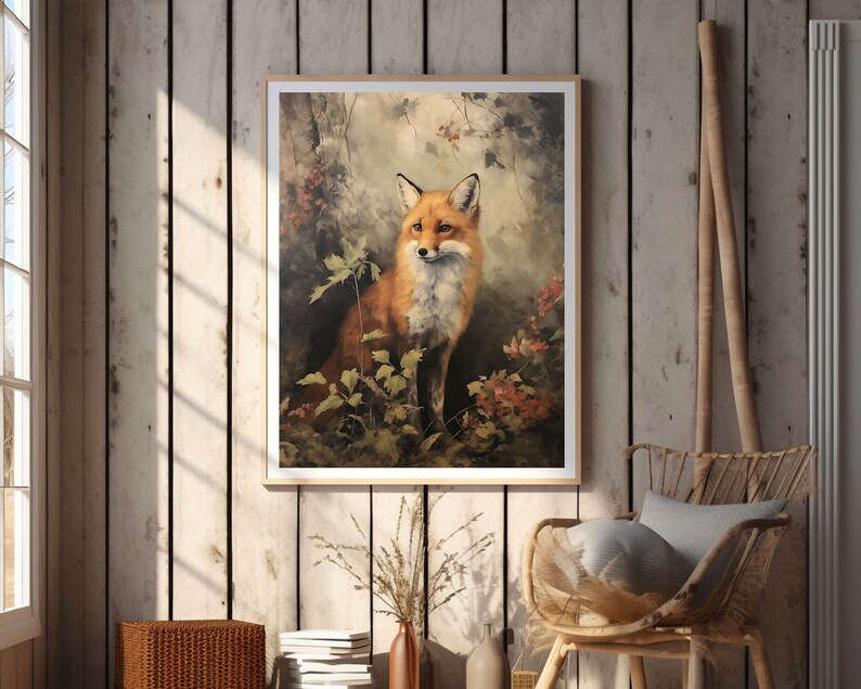 Fox | Cottagecore Print, Forest Animal Vintage Oil Painting, Botanical Wall Art, Whimsical Fox Poster Victorian Aesthetic Woodland Printable image 2