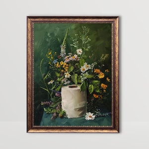 Rotolo di carta igienica / Arredamento bagno verde scuro, Arte floreale della parete del bagno, Pittura di fiori vintage, Moody Wildflowers Botanical Cottagecore Print