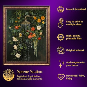 bathroom wall art,bath wall decor,shower print, shower painting, dark green wall art,bathtub wall art,floral bathroom art, botanical shower wall art, moody wall art, vintage oil painting, laundry wall decor, cottagecore decor, dark cottagecore art