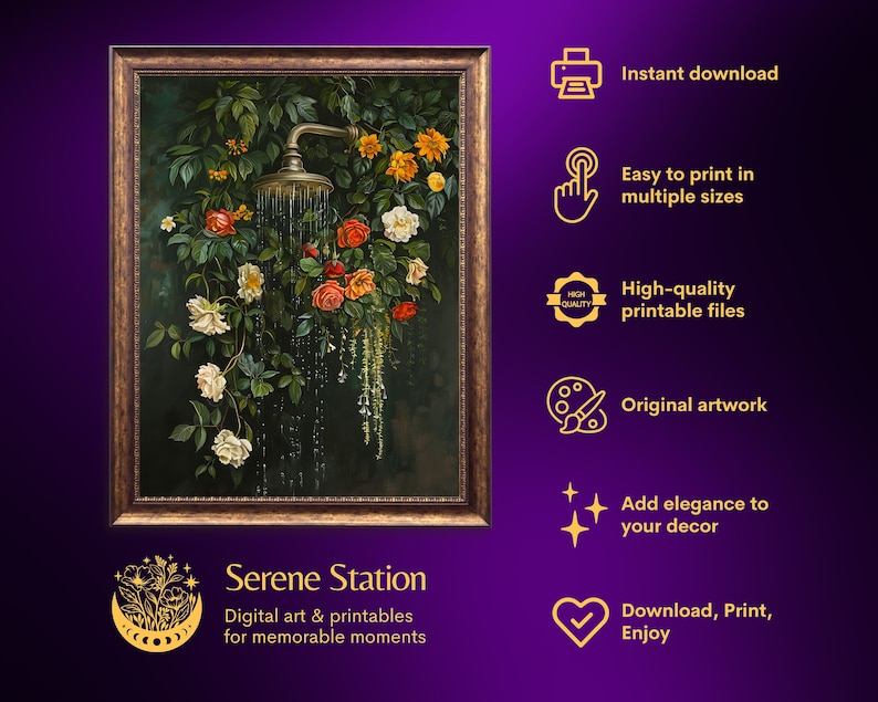 bathroom wall art,bath wall decor,shower print, shower painting, dark green wall art,bathtub wall art,floral bathroom art, botanical shower wall art, moody wall art, vintage oil painting, laundry wall decor, cottagecore decor, dark cottagecore art