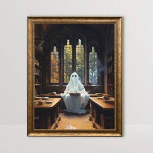 ghost in library cute ghost art, spooky wall art, adorable creepy ghost painting, whimsigoth print, victorian gothic vintage poster, gothic room decor, goth wall art, dark academia prints,halloween sheet ghost printable, bookish ghost booklover gift
