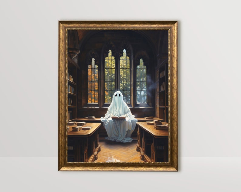 ghost in library cute ghost art, spooky wall art, adorable creepy ghost painting, whimsigoth print, victorian gothic vintage poster, gothic room decor, goth wall art, dark academia prints,halloween sheet ghost printable, bookish ghost booklover gift