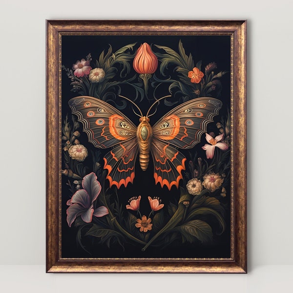 Atlas Motte | Dunkle Blumen Gothic Cottagecore Kunst, dunkle Academia Druck, Goth Wandkunst, Hexenraum Dekor, botanische Vintage Malerei druckbare