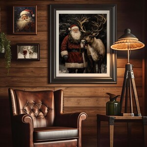 dark christmas decor,moody christmas art,dark academia decor,santa reindeer print,reindeer wall art,santa wall art,black background art,vintage christmas,vintage santa claus reindeer print,santa printable,vintage winter print,dark academia santa