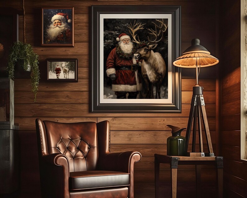 dark christmas decor,moody christmas art,dark academia decor,santa reindeer print,reindeer wall art,santa wall art,black background art,vintage christmas,vintage santa claus reindeer print,santa printable,vintage winter print,dark academia santa