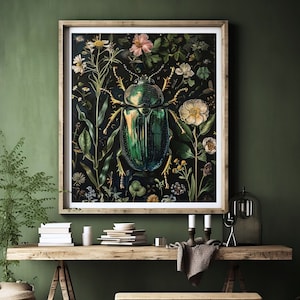 beetle wall art,green beetle art print,insect wall art,dark academia prints,dark green art,dark botanical art,moody goth wall art,moody art printable,dark floral print,gothic room decor,goth cottagecore decor,beetle bug poster,vintage insect prints