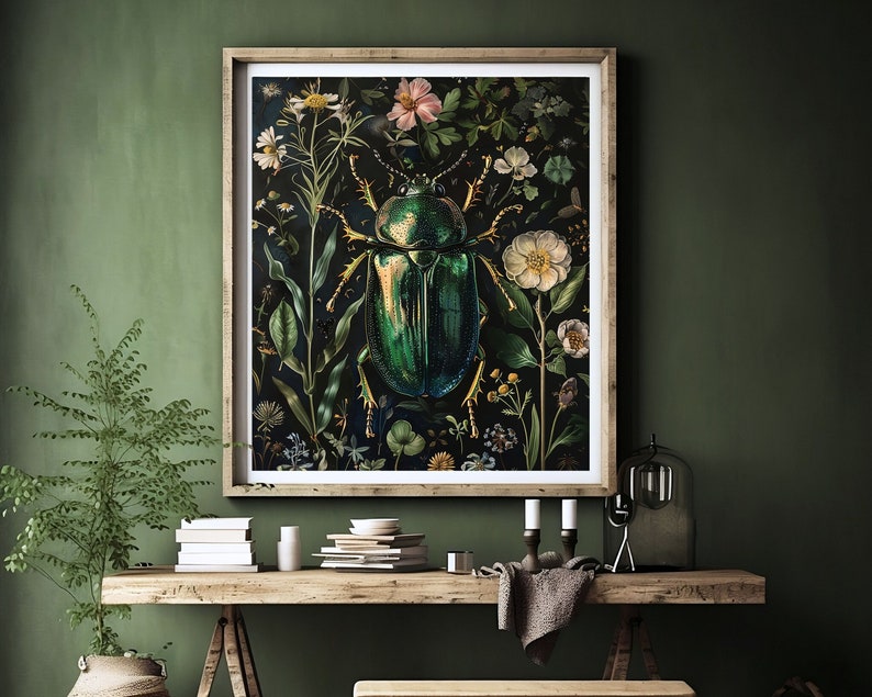 beetle wall art,green beetle art print,insect wall art,dark academia prints,dark green art,dark botanical art,moody goth wall art,moody art printable,dark floral print,gothic room decor,goth cottagecore decor,beetle bug poster,vintage insect prints
